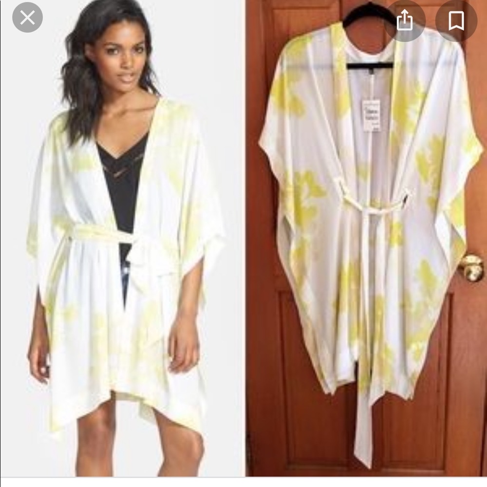 Tildon white yellow floral kimono caftan beach cover up